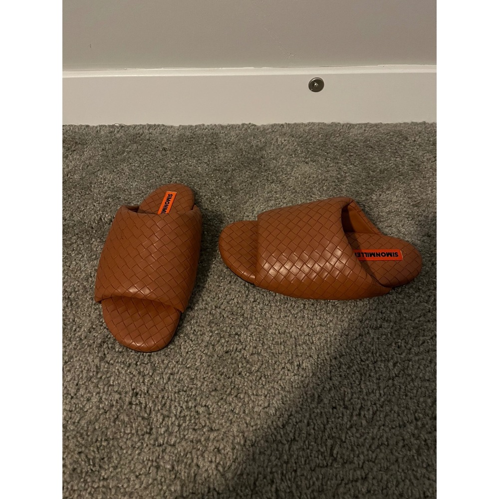 SIMONMILLER Woven Faux Leather Bubble Slide Sandals Tan 37/6-6.5 - Picture 2 of 11